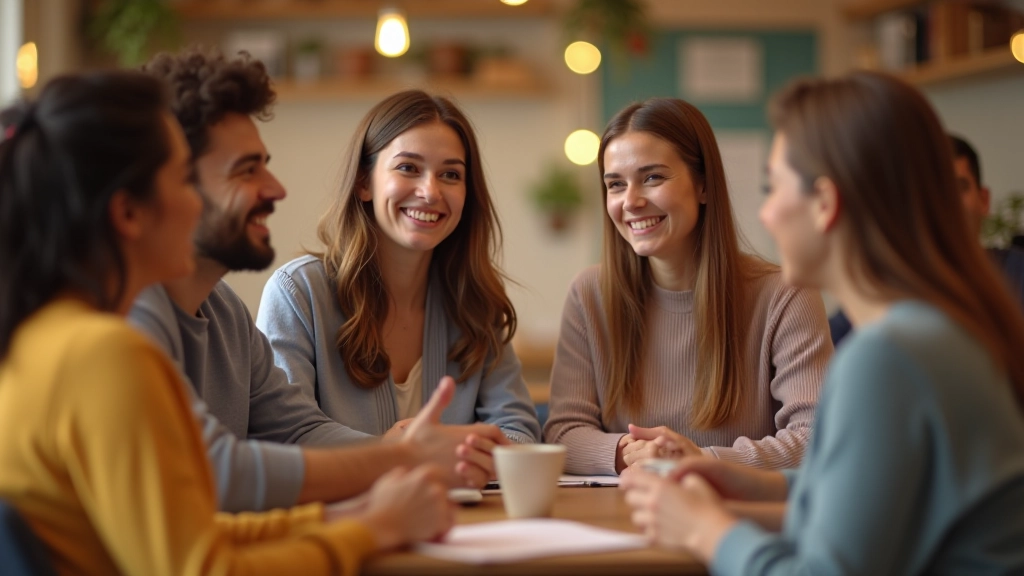 Gruppo di persone diverse che si sorridono in un ambiente accogliente, dimostrando consapevolezza sociale