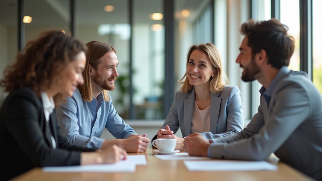 Riunione di team con diverse persone che interagiscono, mostrando dinamiche di gruppo e comunicazione non verbale