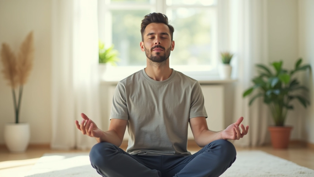 Uomo che pratica la respirazione consapevole seduto in posizione comoda in uno spazio luminoso e tranquillo