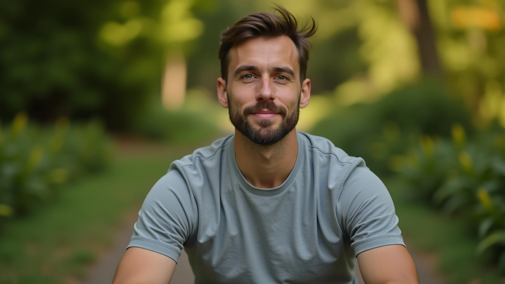 Persona con espressione serena e consapevole, che medita o riflette in ambiente naturale tranquillo