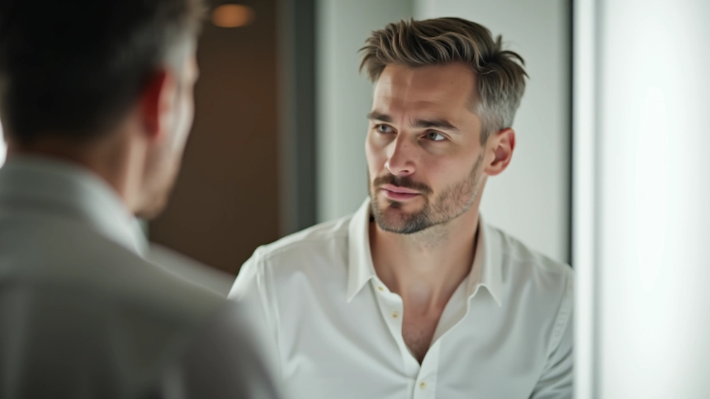 Uomo che si parla con gentilezza a uno specchio, simbolo di autocompassione e accettazione consapevole