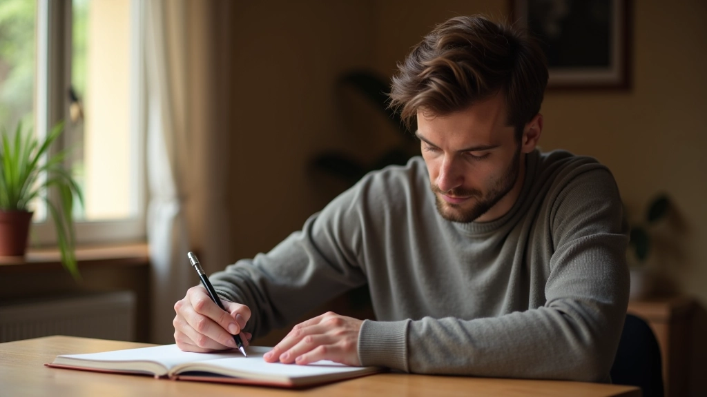 Persona che scrive le proprie riflessioni in un diario tranquillo, circondata da piante e luce naturale