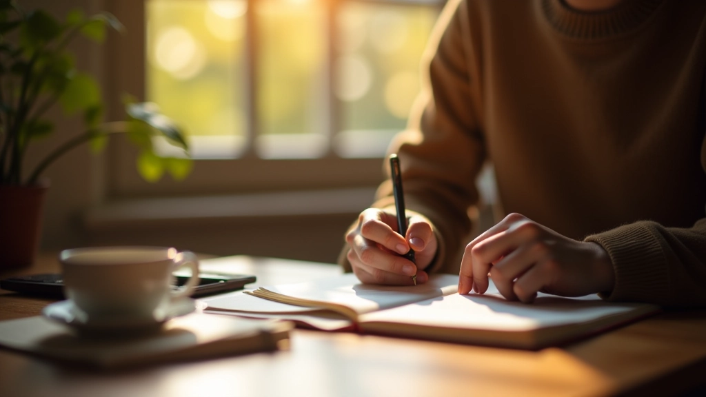 Persona che scrive in un diario riflessivo con una tazza di tè, pratica consapevole di autoriflessione
