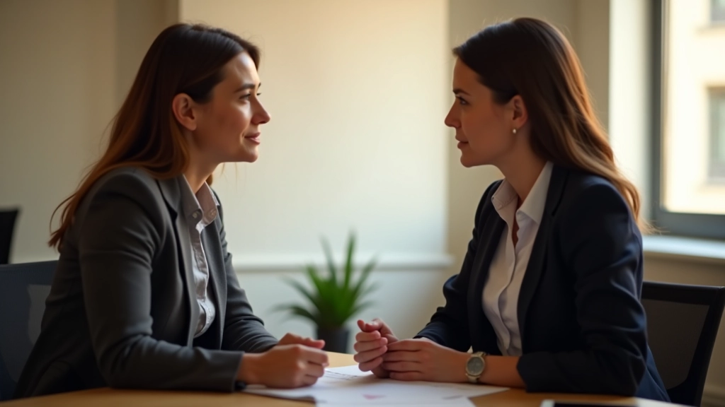 Primo piano di una conversazione tra due persone, mostrando linguaggio del corpo attento e contatto visivo consapevole