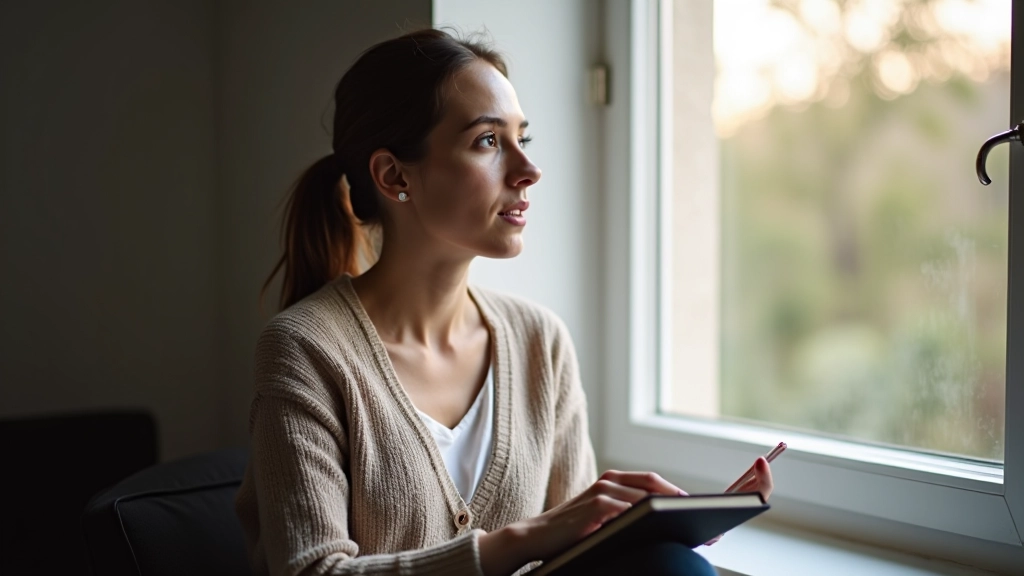 Persona che riflette seduta in uno spazio tranquillo con taccuino, guardando verso la luce della finestra