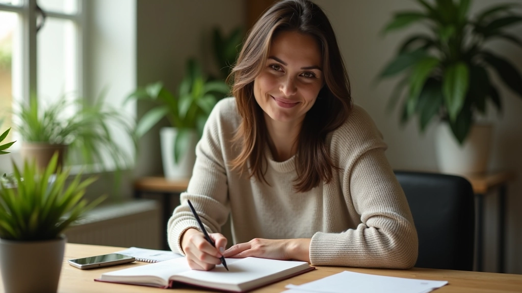 Donna che tiene un diario con una penna, seduta a una scrivania con piante verdi, luce naturale morbida che illumina il viso concentrato