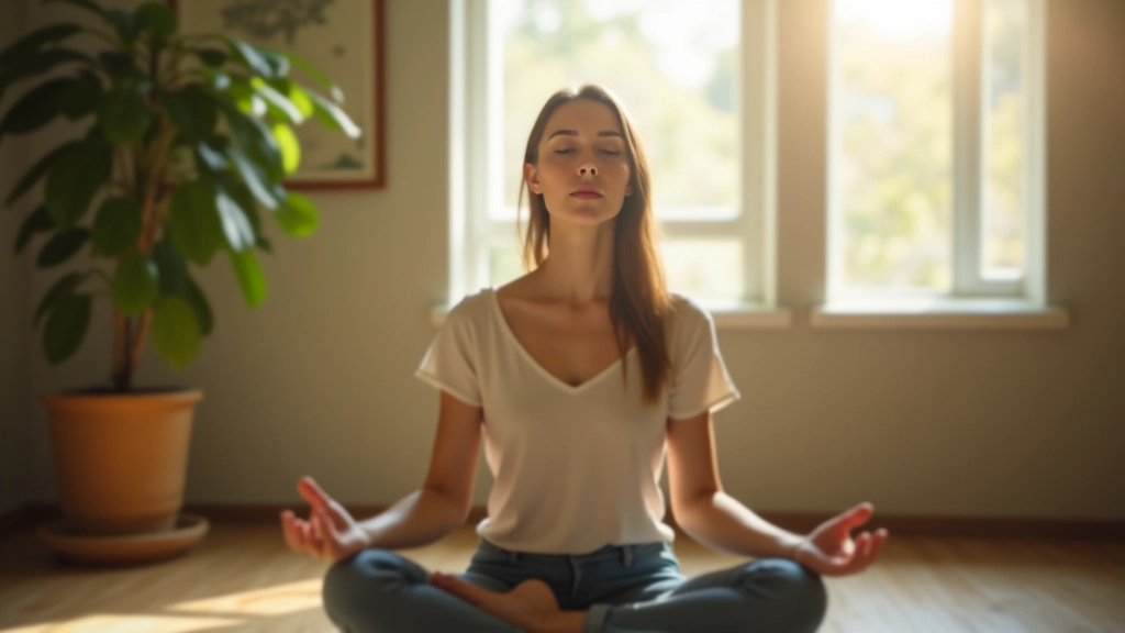 Donna che pratica l'autoregolazione attraverso la meditazione consapevole in uno spazio sereno